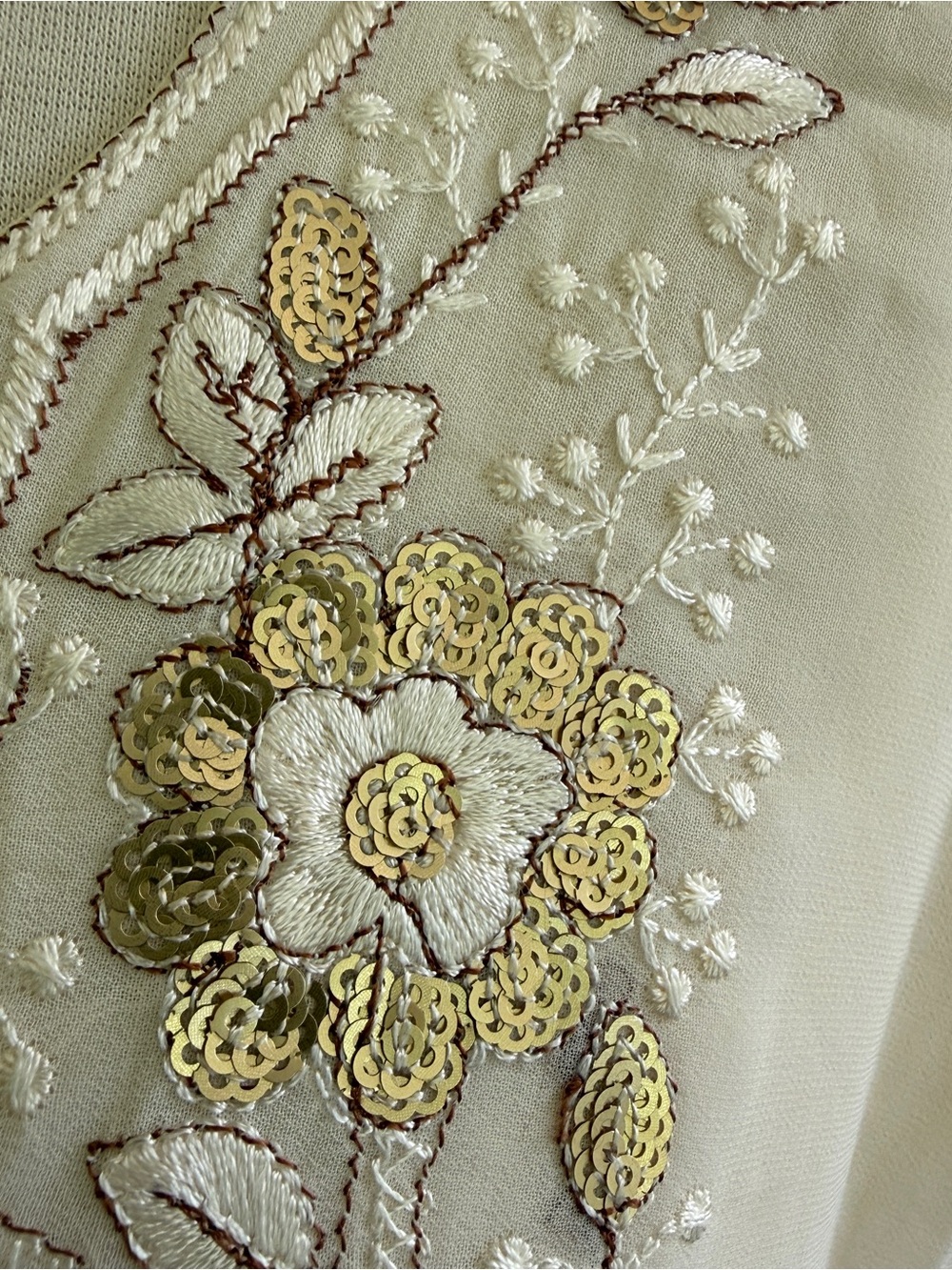 Boho Prairie Maxi Dress Beige Floral XL Gold Sequins NWT - Picture 9 of 15